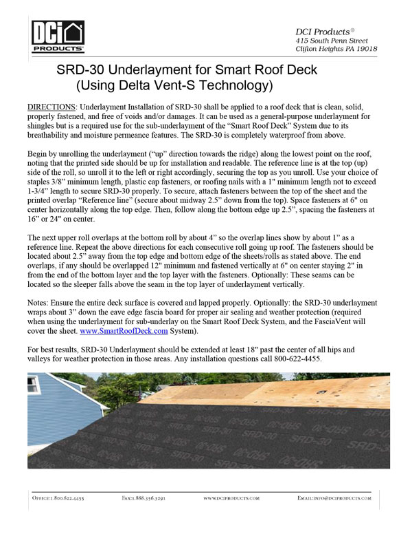 Installation instructions for SRD-30. SmartRoofDeck underlayment.